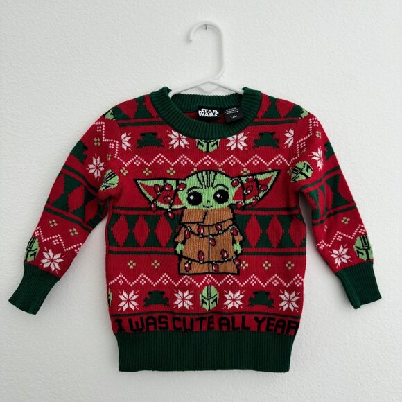 12Mo Kid's Star Wars Holiday Christmas Sweater - Baby Yoda "I Was Cute All Year" - Picture 1 of 5